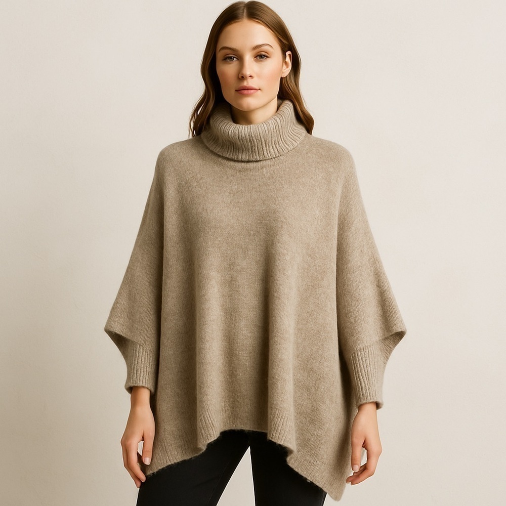Mohair poncho sweater cozy oversized knit turtleneck neutral one size